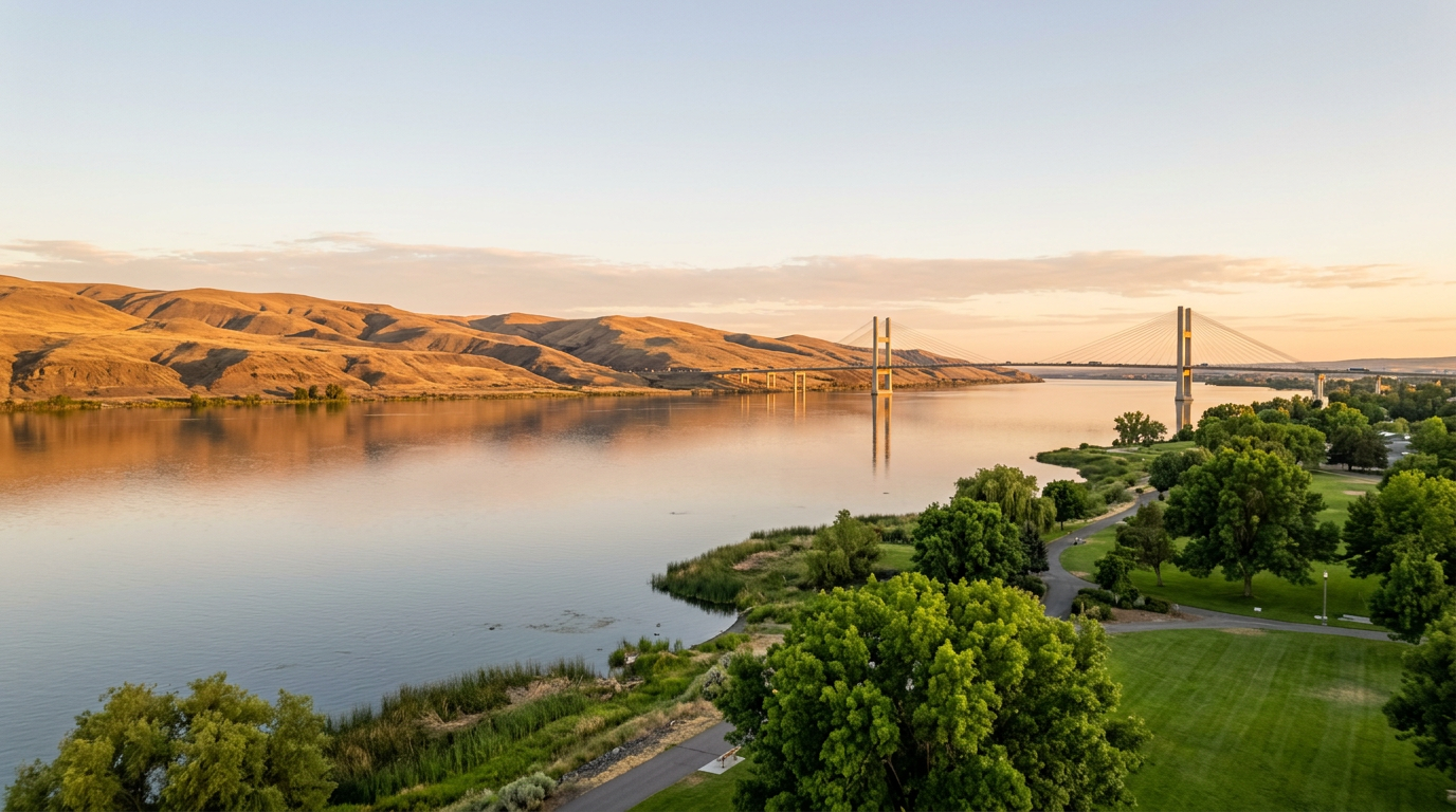 The Columbia River in the Tri-Cities at golden hour