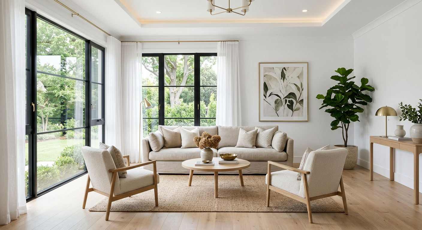 A bright, calm living room with natural light